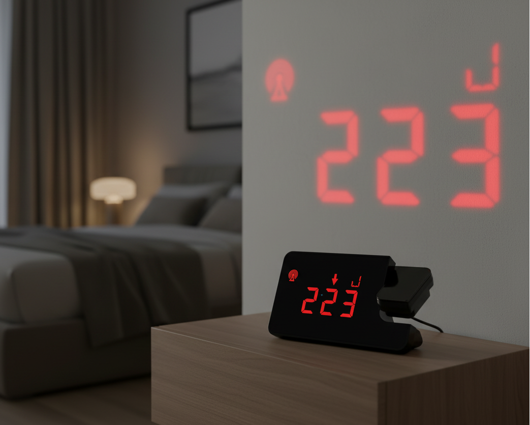 Digital clock on a nightstand in a bedroom which is projecting 223 blood glucose level on to wall  