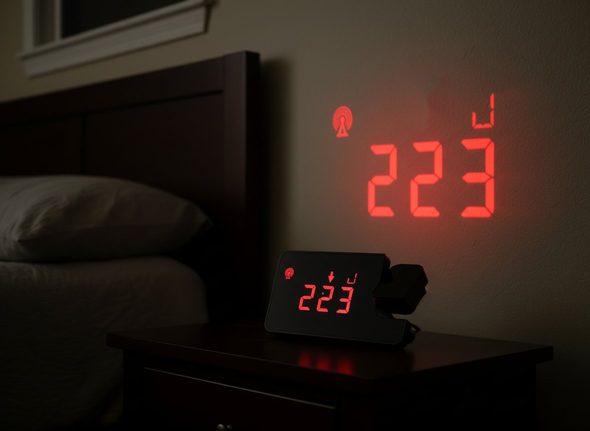 Digital clock  on a nightstand in a dark bedroom projecting red 223 numbers on a wall next to a bed.