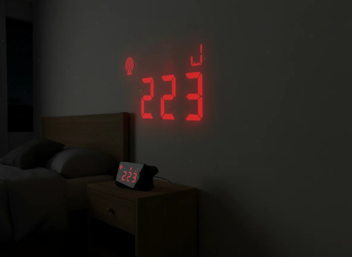 Digital clock projecting glucose level on to a wall in a dimly lit bedroom.