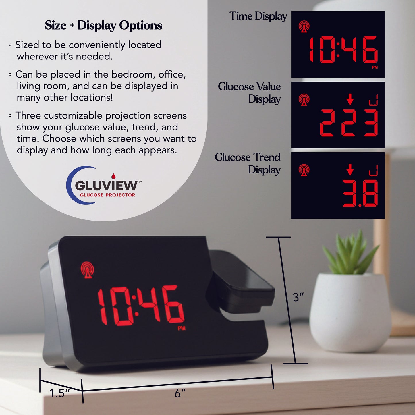 Proyector de reloj de glucosa Gluview
