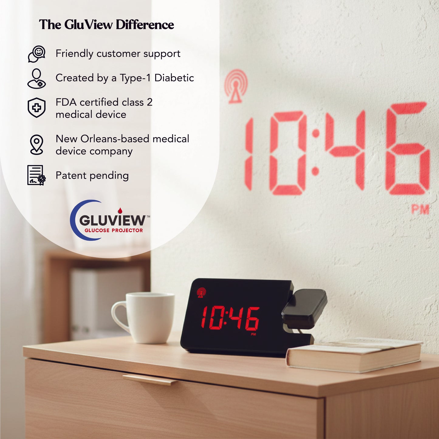 Proyector de reloj de glucosa Gluview